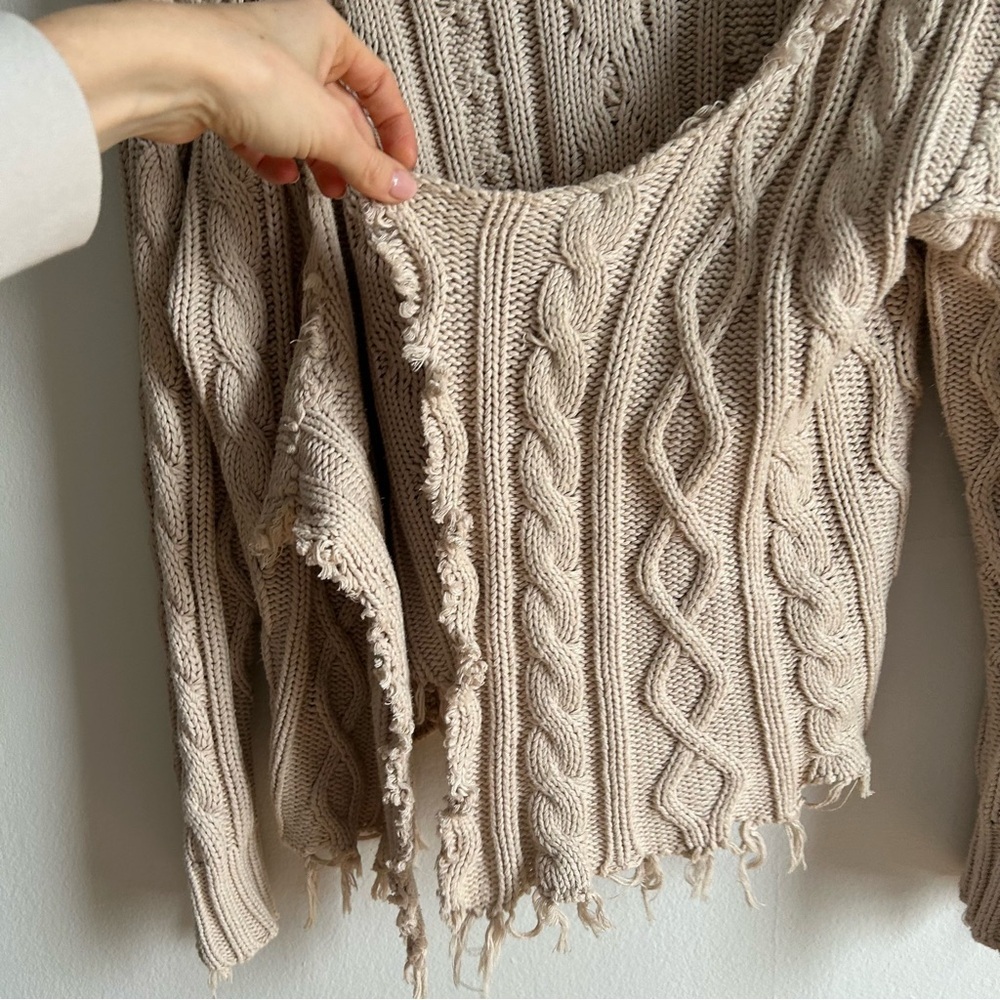 Pistola Sz L Cream Tan Cable Knit Distressed Cascade Cardigan Sweater - Picture 4 of 11